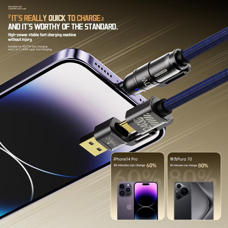 Universal 4-In-1 Multi USB Charging Cable with USB A,Type C,Lightning-Max 240W Fast Charging&Data Sync for Iphone&Samsung